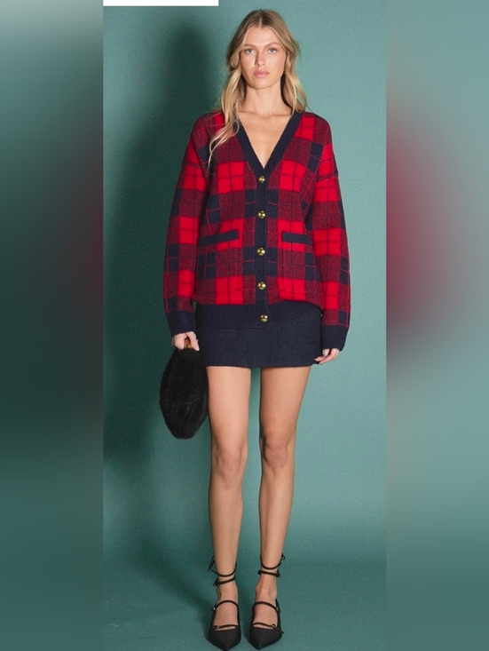 English Factory Sweaters - English Factory Plaid Patch Pocket Check Cardigan Red Navy Blue Size Medium NWOT